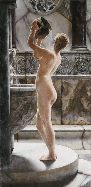 ''The Bath'': Green Pot, Golden Hair; Brown And Grey Marble van John Reinhard Weguelin