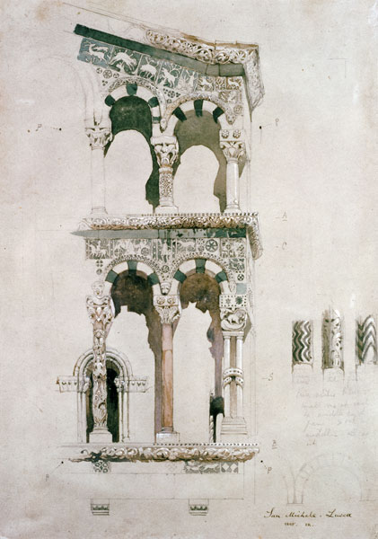 Detail of the facade of San Michele in Foro, Lucca, 1845 (w/c on paper) van John Ruskin