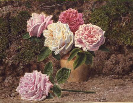 Roses in an Earthenware Vase by a Mossy Bank van John Sherrin