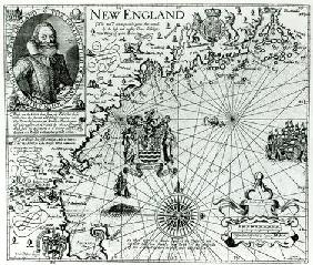 Map of the New England coastline in 1614, engraved by Simon de Passe (1595-1647) 1616 (engraving) (b