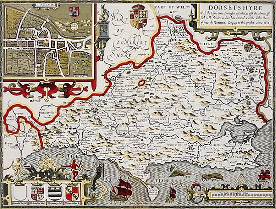 Dorsetshire; engraved by Jodocus Hondius (1563-1612) from John Speed''s Theatre of the Empire of Gre van John Speed