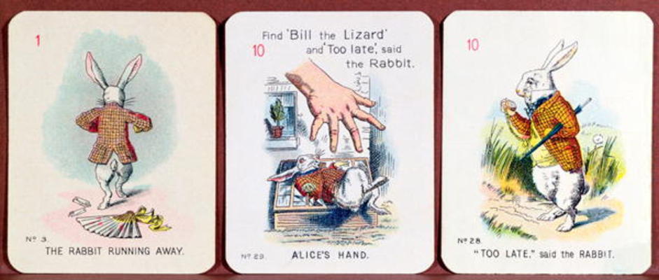 Three 'Happy Family' cards depicting characters from 'Alice in Wonderland' by Lewis Carroll (1832-98 van John Tenniel