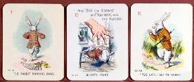Three 'Happy Family' cards depicting characters from 'Alice in Wonderland' by Lewis Carroll (1832-98