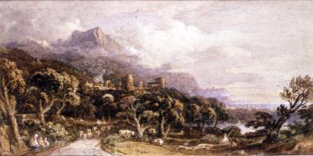 Landscape with castle and mountain van John Varley