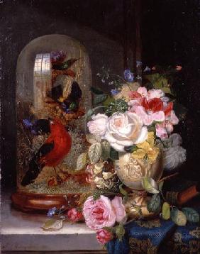 A Still Life with Roses in a Vase beside Exotic Birds in a Glass Case