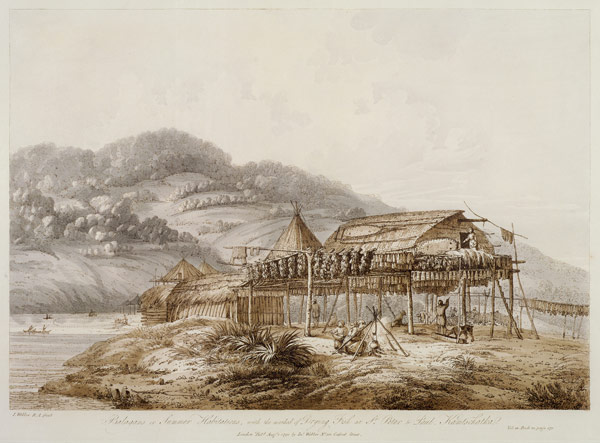 Balagans or Summer Habitations, with the Method of Drying Fish at St. Peter and Paul, Kamtschatka, f van John Webber