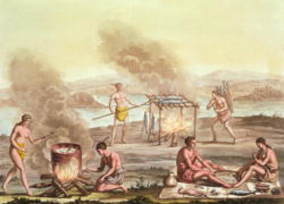 Indigenous natives from Florida preparing and cooking food (engraving) van John White