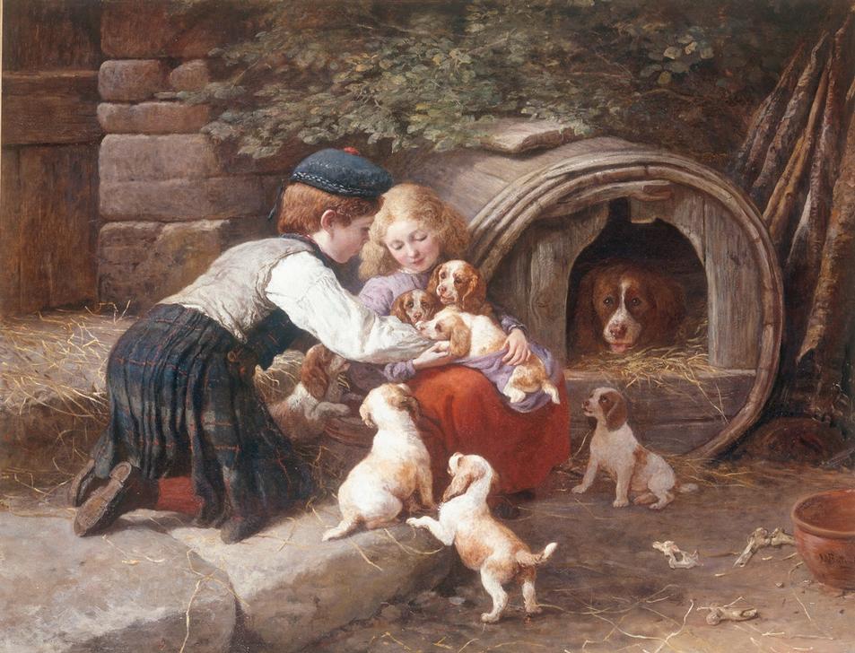 Playing with the Puppies van John William Bottomley