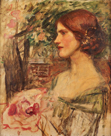 Portrait Of A Lady In A Green Dress or The Bouquet (Study) van John William Waterhouse