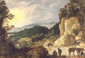 A Mountain Landscape with a Waterfall and Travellers at a Ford
