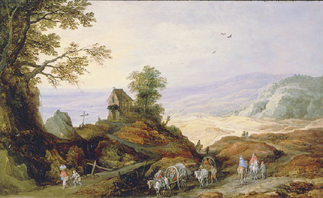 Landschaft mit einer Kapelle auf einem Hügel van Joos de Momper d.J.