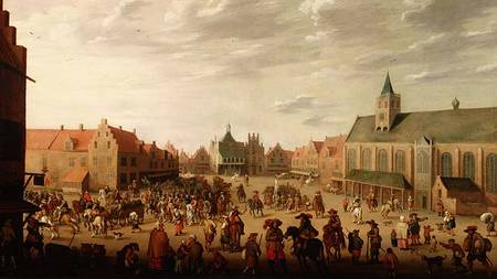 A military procession in the town square of Amersfoort van Joost Cornelisz Droochsloot