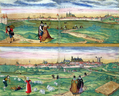 Map of Orleans and Bourges, from 'Civitates Orbis Terrarum' by Georg Braun (1541-1622) and Frans Hog van Joris Hoefnagel