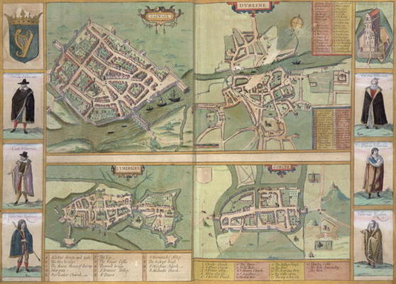Maps of Galway, Dublin, Limerick, and Cork, from 'Civitates Orbis Terrarum' by Georg Braun (1541-162 van Joris Hoefnagel