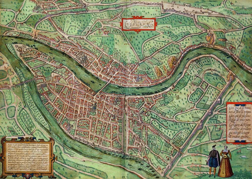 Map of Lyon, from 'Civitates Orbis Terrarum' by Georg Braun (1541-1622) and Frans Hogenberg (1535-90 van Joris Hoefnagel