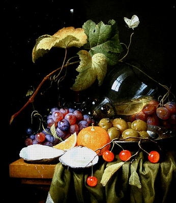 A Still Life of Fruits, Vines and an Oyster (oil on canvas) van Joris van Son