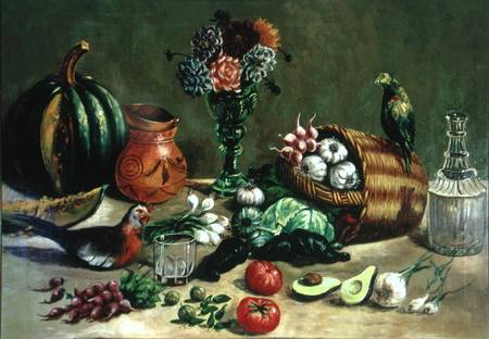 Still life with Pigeon, Parakeet and Vegetables van Jose Agustin Arrieta
