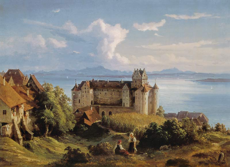 Blick über das Schloss Meersburg auf den Bodensee und die schweizer Berge van Josef Moosbrugger