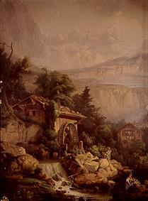 Alpenlandschaft mit Wassermühle Wandgemälde van Josef Navratil