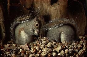 Eichhörnchen mit ihrem Wintervorrat. van Joseph Decker