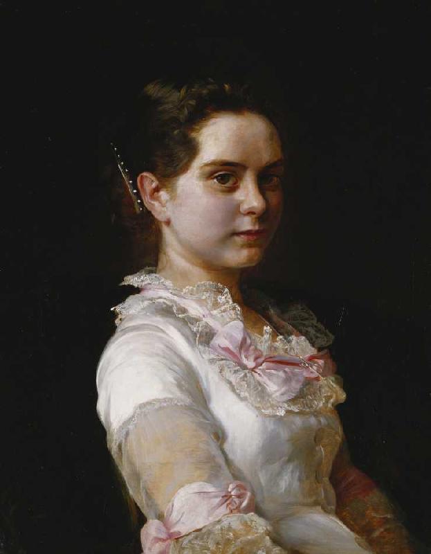 Porträt von Margarete Rieckehoer in weißem Kleid mit rosa Schleifen van Joseph Kostka