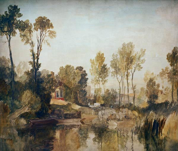 Haus am Fluss mit Bäumen und Schafen van William Turner