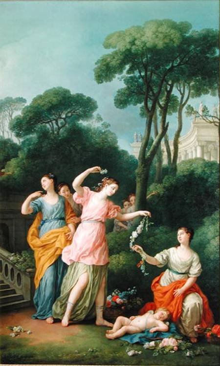 Young Greek Girls Adorning a Sleeping Cupid with Flowers van Joseph Marie Vien