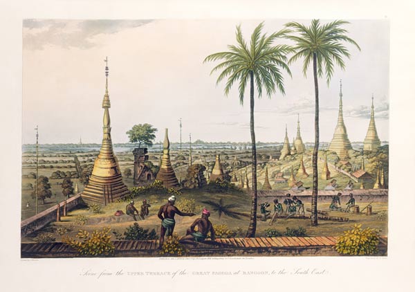 Scene from the Upper Terrace of the Great Pagoda at Rangoon, to the South East, engraved by H. Pyall van Joseph Moore