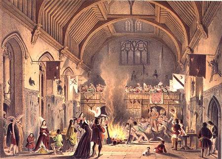 Banquet in the baronial hall, Penshurst Place, Kent, from 'Architecture in the Middle Ages' van Joseph Nash