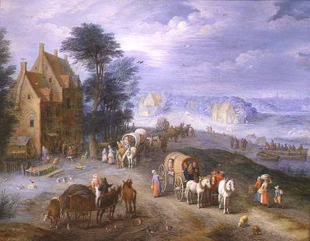 Landscape with peasants, carts and a ferry van Joseph van Bredael