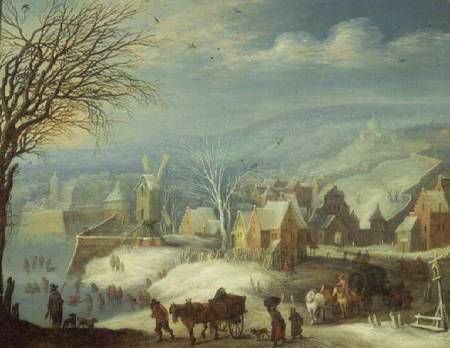 Winter landscape with numerous figures (panel) van Joseph van Bredael