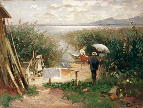 Maler am Chiemsee-Ufer van Joseph Wopfner