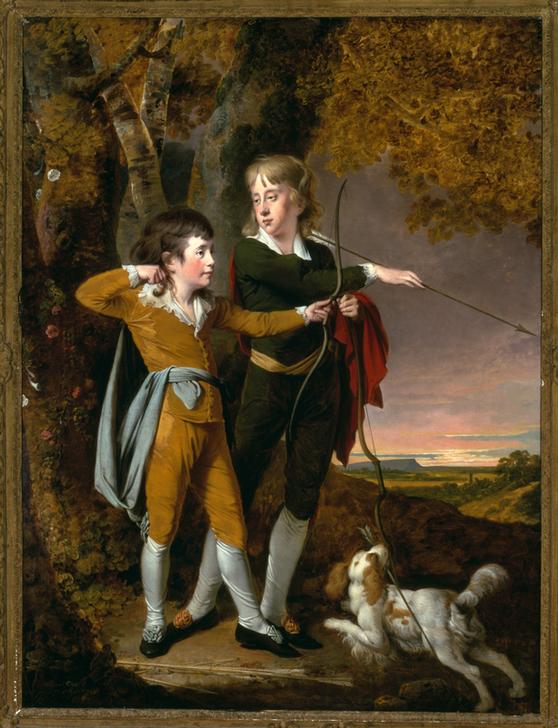 The boy archers (Jungen beim Bogenschießen) van Joseph Wright of Derby