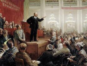Lenin bei einem Kongress der russischen Transportarbeiter