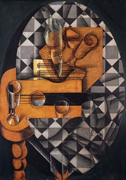Guitar, Bottle, and Glass, 1914 (pasted papers, gouache & crayon on canvas) van Juan Gris