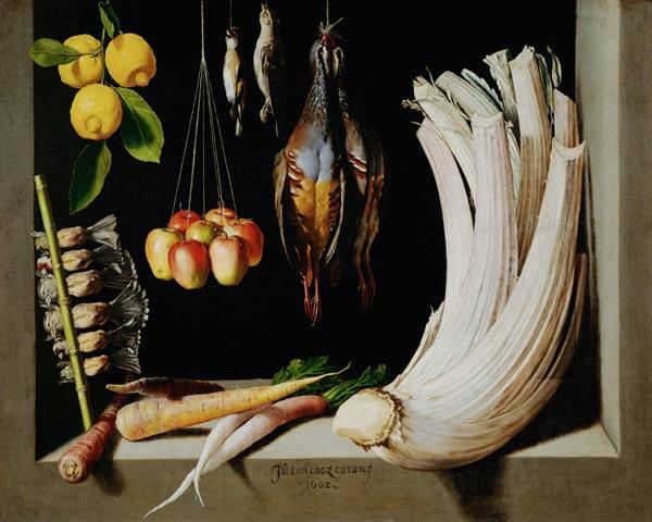 Still life with dead birds, fruit and vegetables