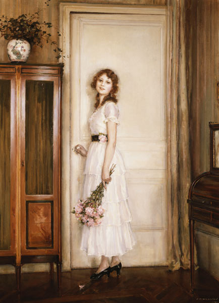 Junge Frau mit einem Rosenstrauß an einer Tür van Jules Alexis Muenier