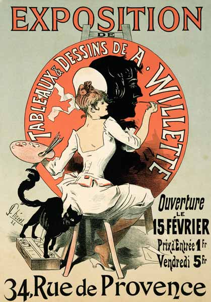 Reproduction of a poster advertising an 'Exhibition of the Paintings and 
Drawings of A. Willette ( van Jules Chéret