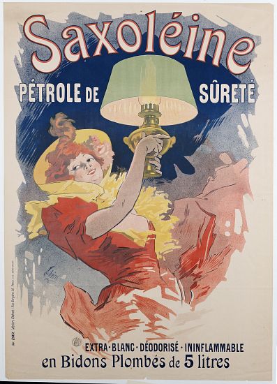 Poster advertising 'Saxoleine', safety lamp oil van Jules Chéret