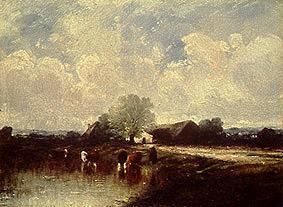 Landschaft mit Kühen an der Tränke van Jules Dupré