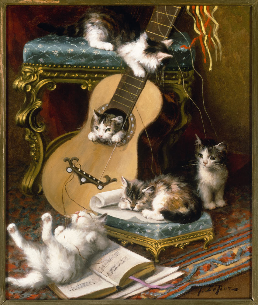 Kittens playing with a guitar van Jules Leroy