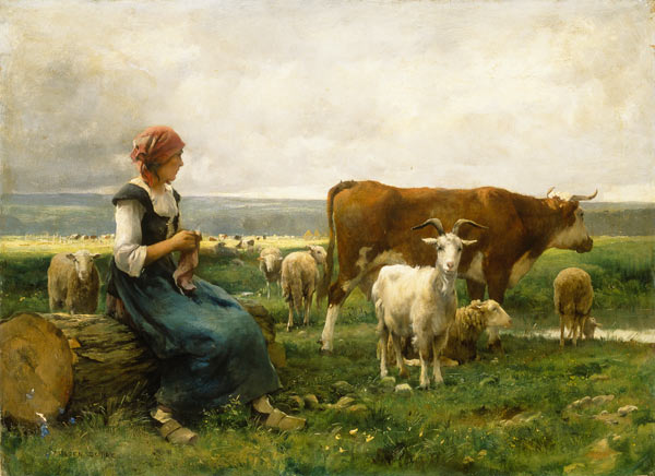 Hirtin mit Schafen, Kuh und Ziege van Julien Dupré