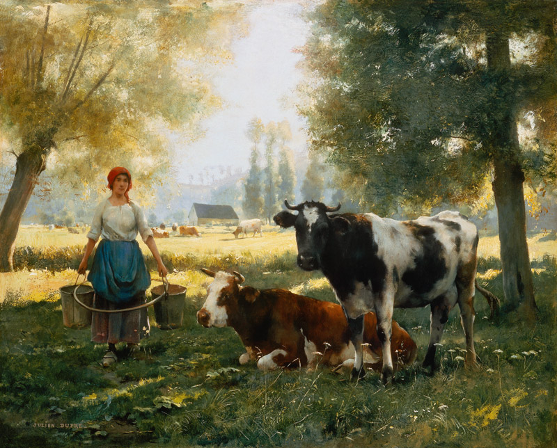 Melkmeisje met haar koeien van Julien Dupré