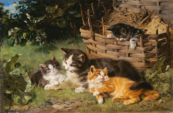 Katzenmutter mit drei Jungen van Julius Adam
