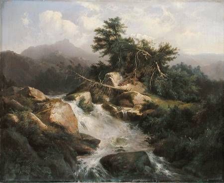 Forest Landscape with Waterfall van Julius Bakof