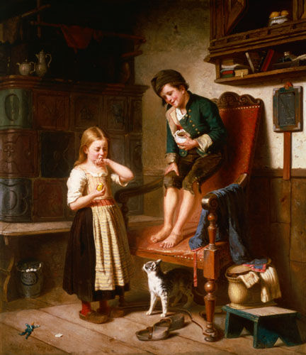 Zwei Kinder mit Katze an einem Kachelofen van Julius Geerts