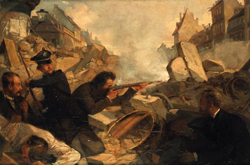 Barrikadenkampf im Mai 1849 van Julius Scholtz