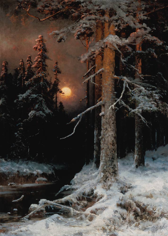 Winterboslandschap met volle maan. van Julius Sergius von Klever