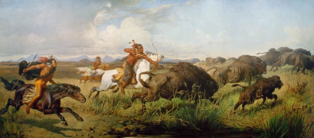 Indianen op bisonjacht van Julius von Blaas