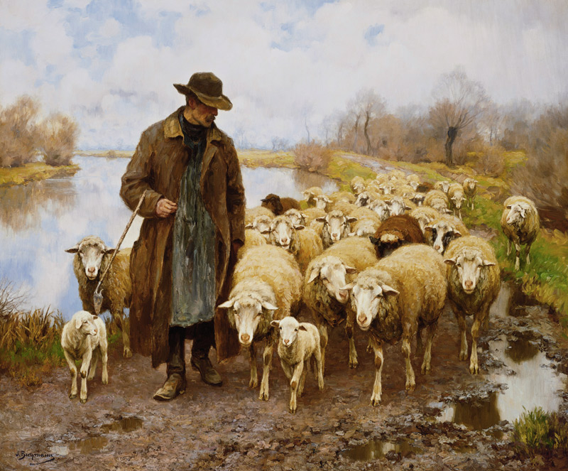Ein Schäfer mit seiner Herde am See. van Julius Hugo Bergmann